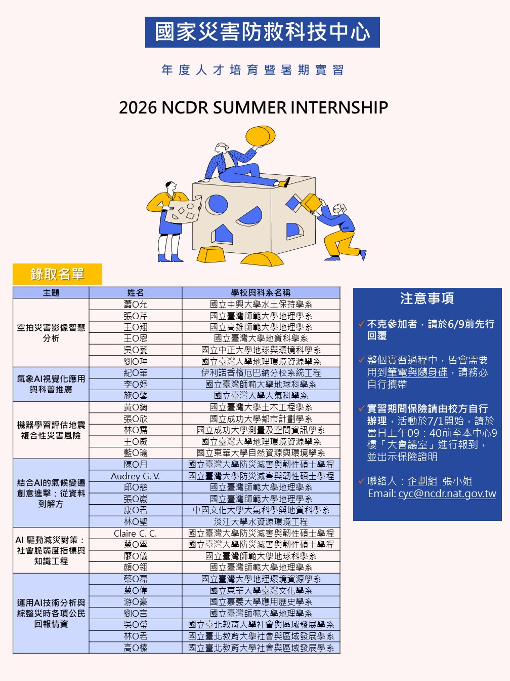 「2026年度人才培育暨暑期實習」錄取名單
